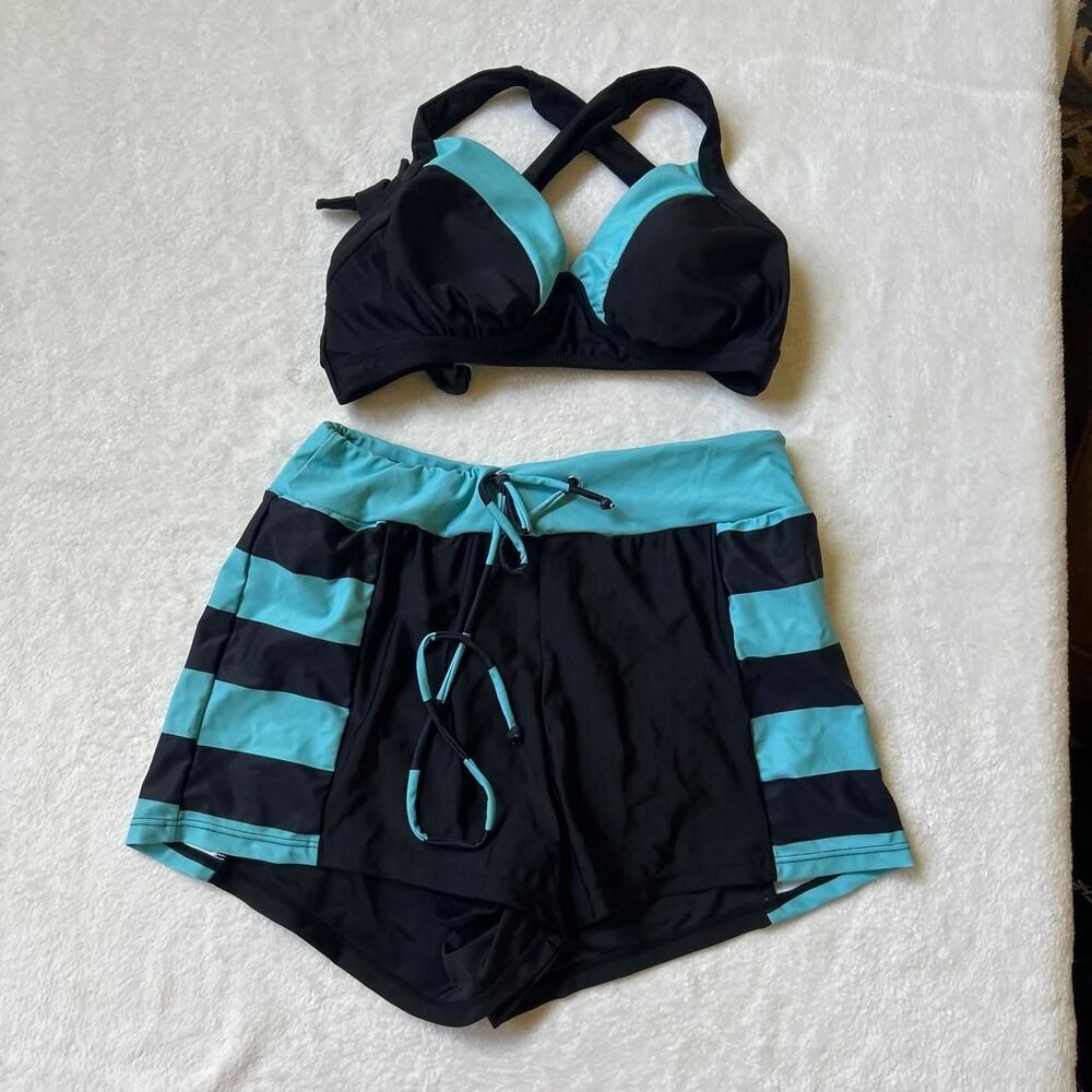 black and blue striped bikini short set women's small like new